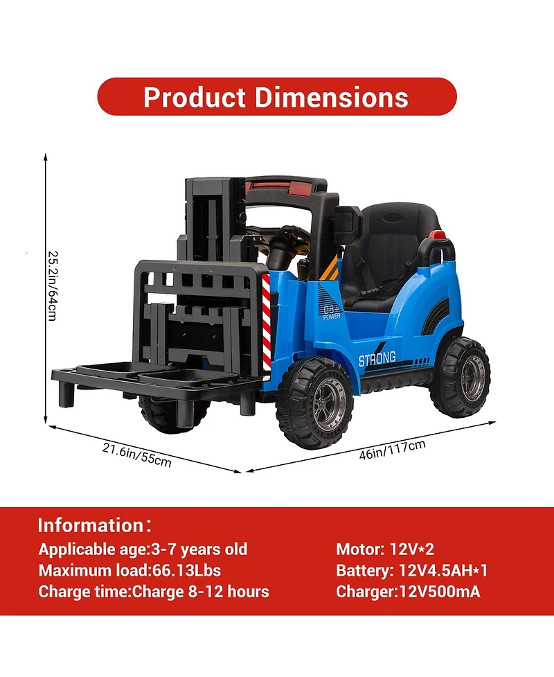 12V Kids Ride On Forklift Truck Toy, Battery Powered Construction Vehicle with Lifting Forks for Outdoor Fun, Blue, Ages 3-6