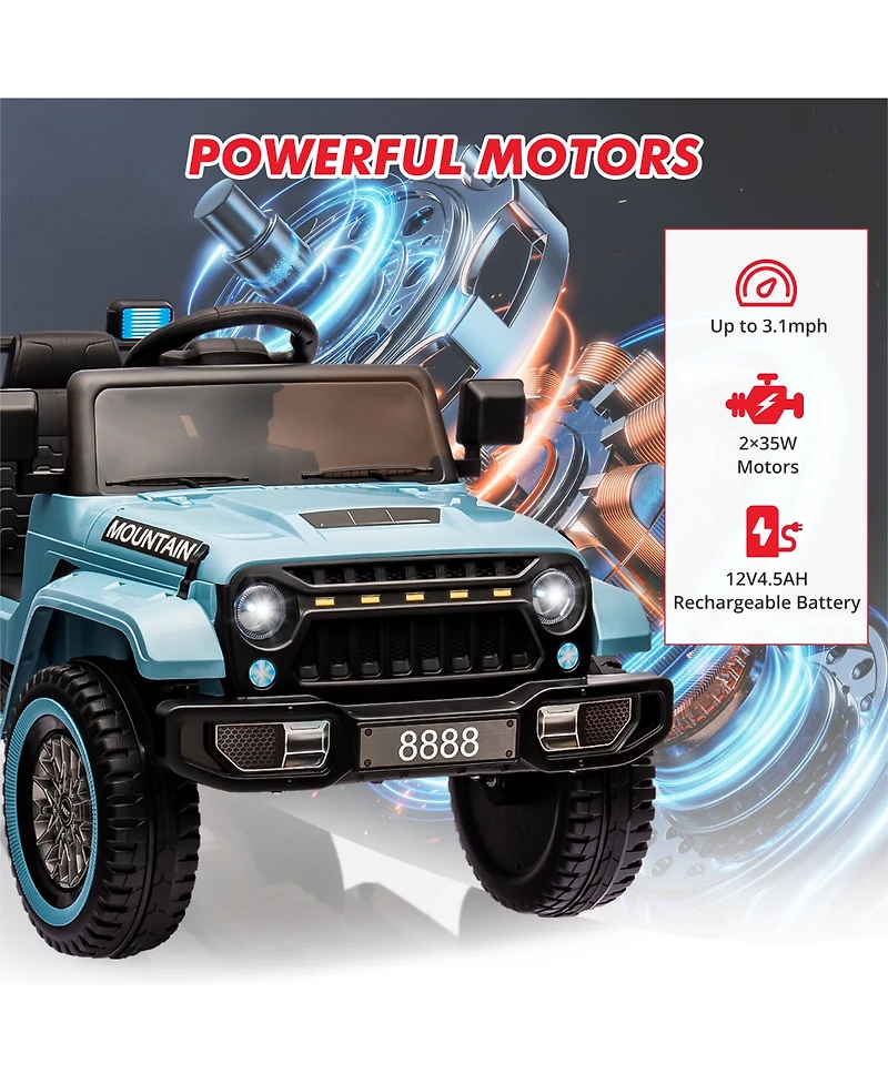 12V Ride-On Truck for Children, Remote Control, Dual Motors, 3 Speeds, Spring Suspension, Led Lights, All-Terrain Electric Vehicle Ages 3-5