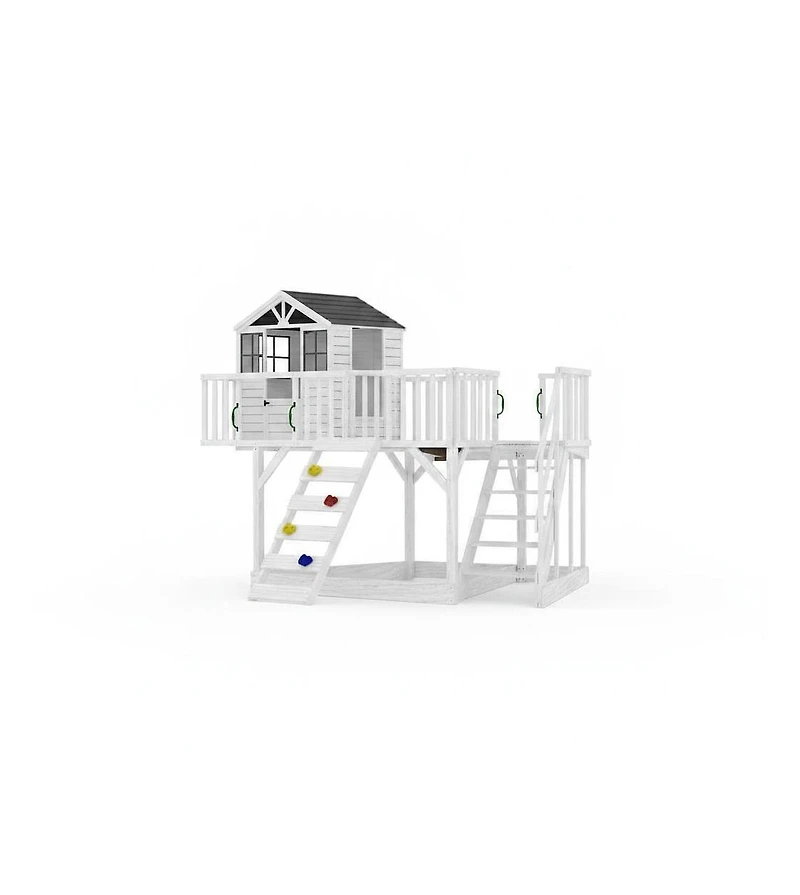 Kids Wooden Play Castle with Climbing Wall and Slide, Outdoor Backyard Sandbox Playset with Stairs for Fun Play, White, Ages 3-8