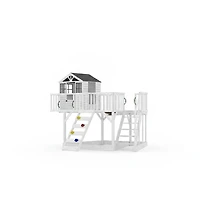 Kids Wooden Play Castle with Climbing Wall and Slide, Outdoor Backyard Sandbox Playset with Stairs for Fun Play, White, Ages 3-8