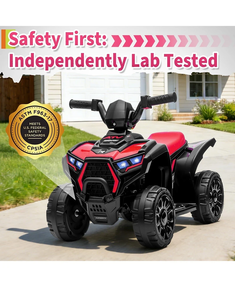 6V Kids Ride On Atv Quad Toy, Battery Powered 4-Wheel Off Road Vehicle for Outdoor Fun, Red/Pink, Ages 3-6