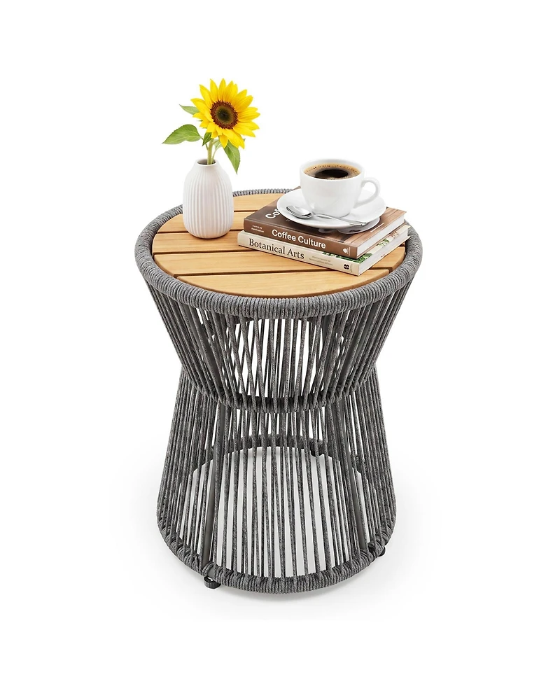 16" Round Woven Rope Outdoor Side Table, Gray Rope with Wood Top,Grey
