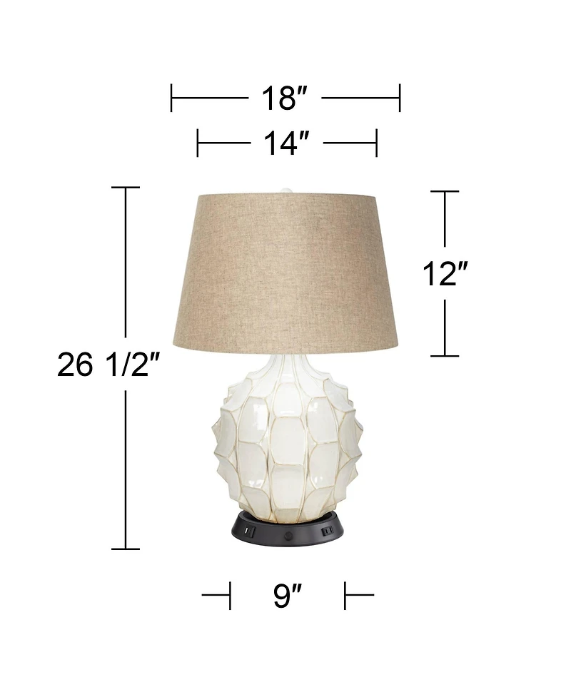 Possini Euro Design Cosgrove Modern Mid Century Table Lamp 26 1/2" High White Glazed Ceramic with Usb Charging Port Brown Linen Drum Shade for Desk