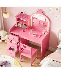 Girls Kids Vanity Desk with Mirror and Lights, Wooden Makeup Vanity Set with Chair, Storage Shelves and Drawers, Princess Dressing Table for Bedroom