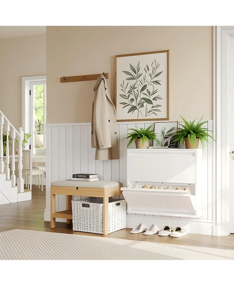 31.5 x 6 x 28 in 2-Tier Flip Shoe Cabinet, Metal Entryway Storage Organizer, Narrow Slim Design for Hallway Living Room, Grey/White