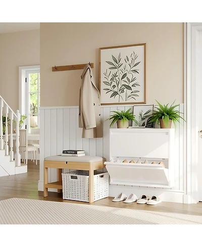 31.5 x 6 x 28 in 2-Tier Flip Shoe Cabinet, Metal Entryway Storage Organizer, Narrow Slim Design for Hallway Living Room, Grey/White