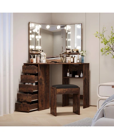 Corner Vanity Desk with Led Lighted Mirror, Makeup Table with Vanity Stool, 5 Drawers, Storage Shelves for Bedroom Bathroom