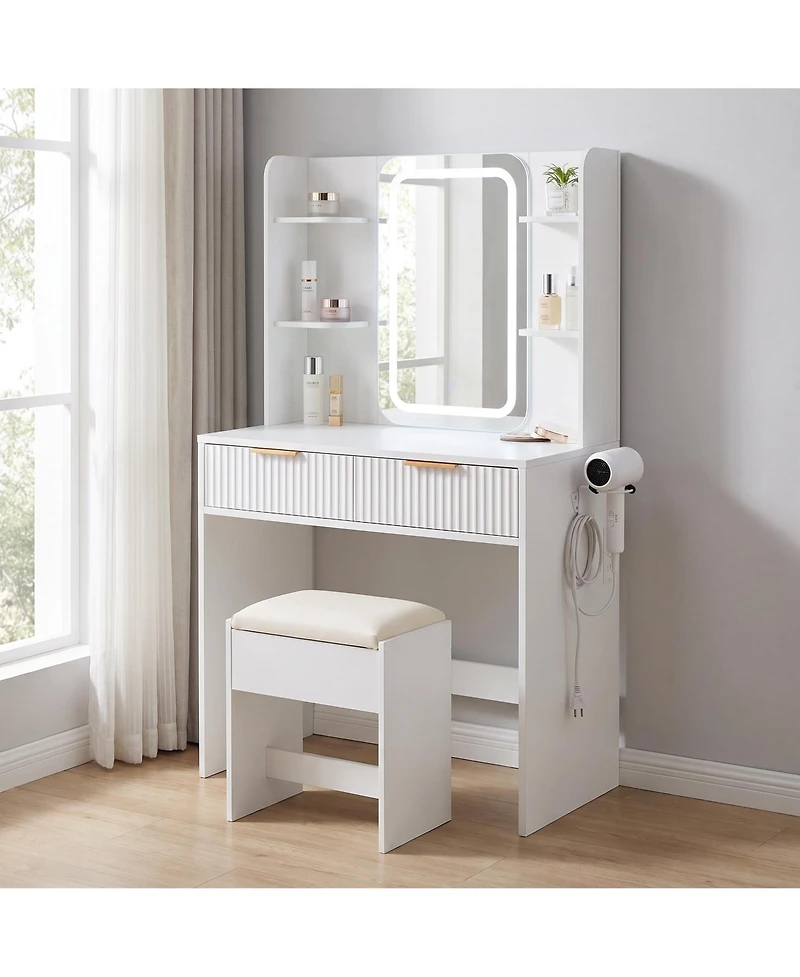 Compact Lighted Vanity Desk with Mirror, Led Lighting and Matching Stool, Built-In Charging Station and Jewelry Storage, Dressing Table for Bedroom