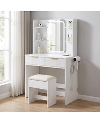Compact Lighted Vanity Desk with Mirror, Led Lighting and Matching Stool, Built-In Charging Station and Jewelry Storage, Dressing Table for Bedroom