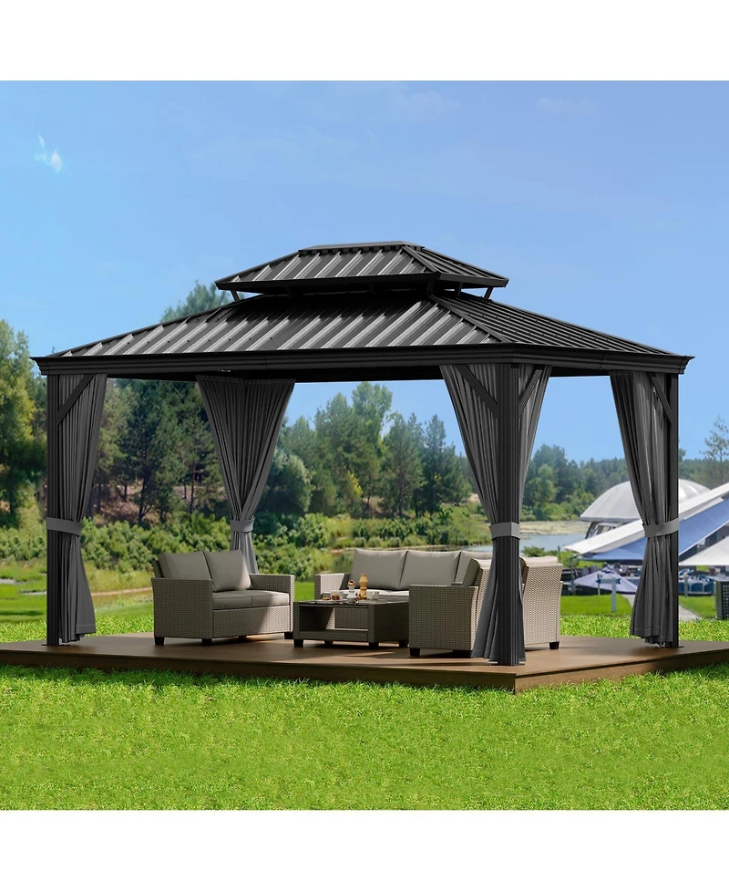 10x10 Ft Double Roof Gazebo, Heavy Duty Steel Frame with Gray Fabric Canopy and Black Mesh for Patio Backyard Outdoor Gatherings, Gray