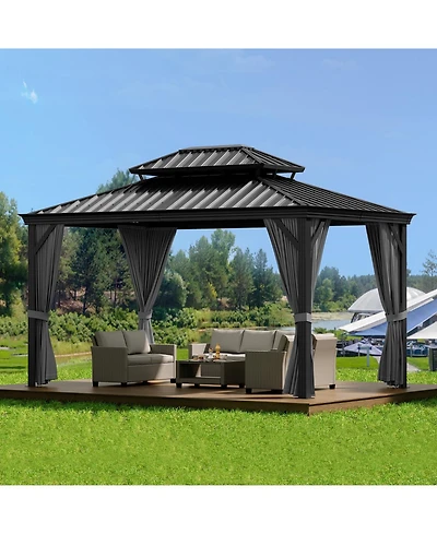 10x10 Ft Double Roof Gazebo, Heavy Duty Steel Frame with Gray Fabric Canopy and Black Mesh for Patio Backyard Outdoor Gatherings, Gray