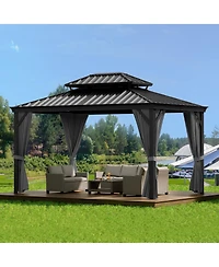 10x10 Ft Double Roof Gazebo, Heavy Duty Steel Frame with Gray Fabric Canopy and Black Mesh for Patio Backyard Outdoor Gatherings, Gray