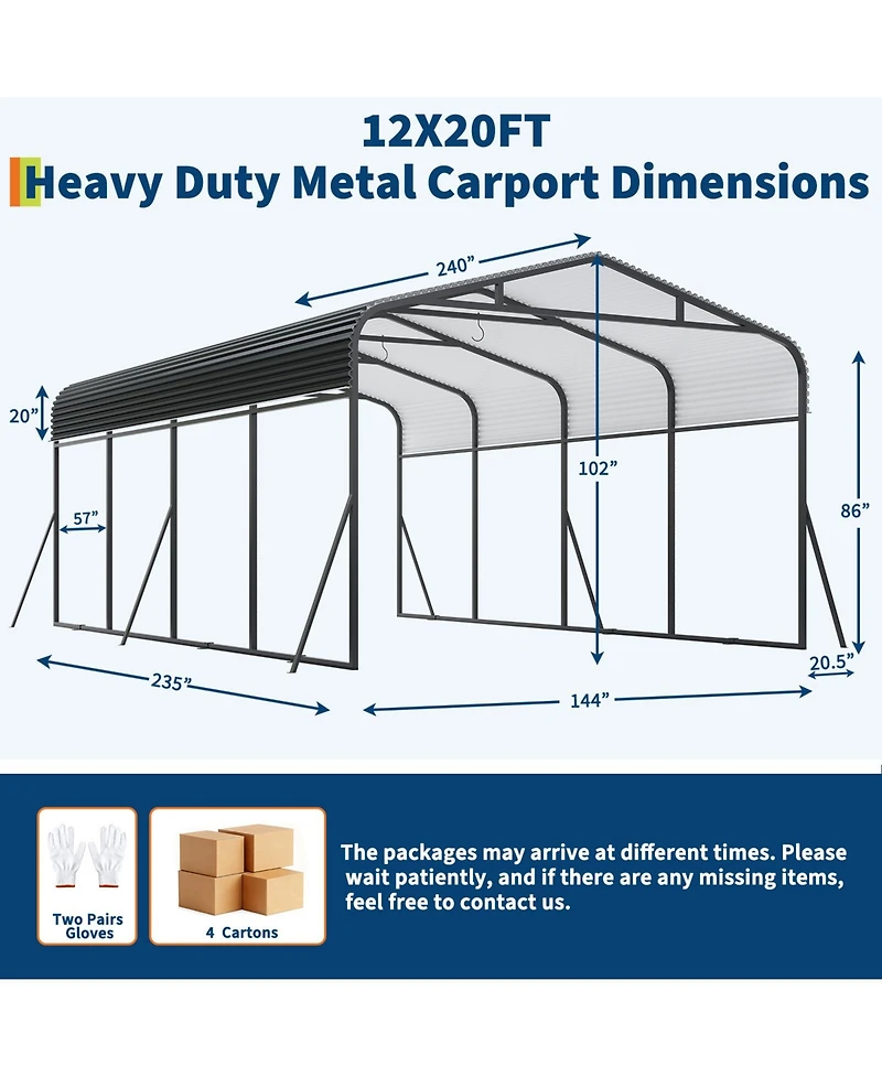 12 x 20 Ft Carport, Heavy Duty Metal Car Canopy with Steel Frame and Lockable Storage, for Car Truck Boat Driveway Patio, Gray