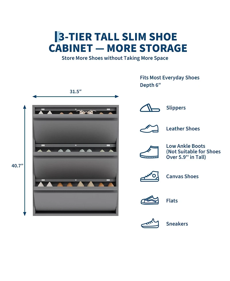 31.5 x 6 x 41 in 3-Tier Flip Door Shoe Cabinet, Slim Entryway Shoe Storage, Carbon Steel for Hallway Closet Entryway, Dark Gray/White