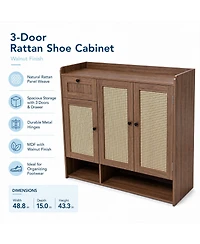 48.8x15.0x43.3in 3 Door 1 Drawer Shoe Cabinet with Rattan Details, Engineered Wood Entryway Storage for Hallway Bedroom, Light/Dark Brown
