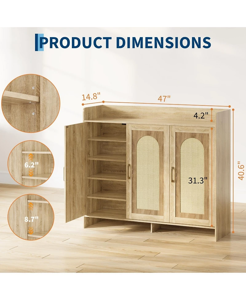 52.4x17.9x8.3in 3 Door Shoe Cabinet with Rattan Arch Doors, Engineered Wood Entryway Storage for Hallway Closet, Black/Brown