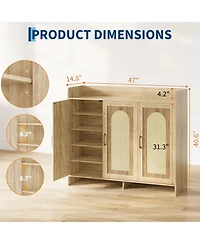 52.4x17.9x8.3in 3 Door Shoe Cabinet with Rattan Arch Doors, Engineered Wood Entryway Storage for Hallway Closet, Black/Brown