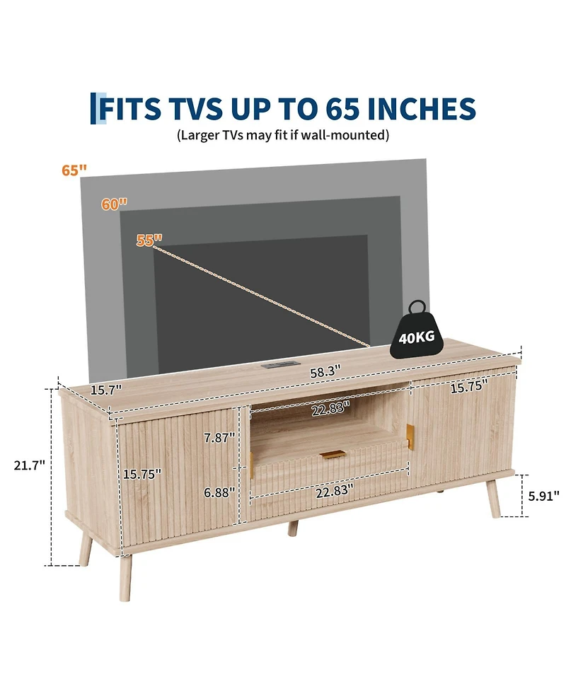 Modern Fluted Tv Stand for TVs Up to 65", Wood Grain Media Console with Outlet, Adjustable Shelf, Drawer, Entertainment Center for Living Room