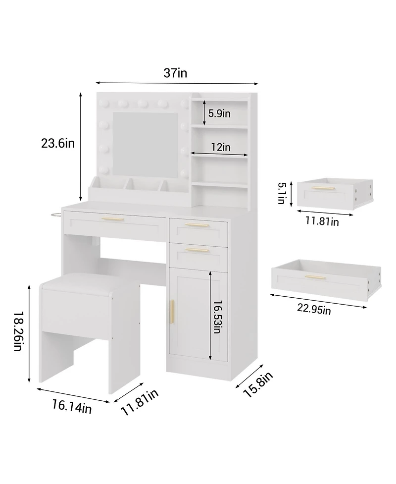 Vanity Desk Mirror and Led Lights, 3 Drawers, Cabinet, Cushioned Chair, Adjustable Brightness, Power Outlet, Hairdryer Holder, Bedroom Small Spaces