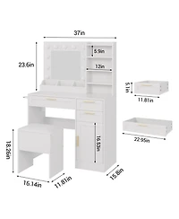 Vanity Desk Mirror and Led Lights, 3 Drawers, Cabinet, Cushioned Chair, Adjustable Brightness, Power Outlet, Hairdryer Holder, Bedroom Small Spaces