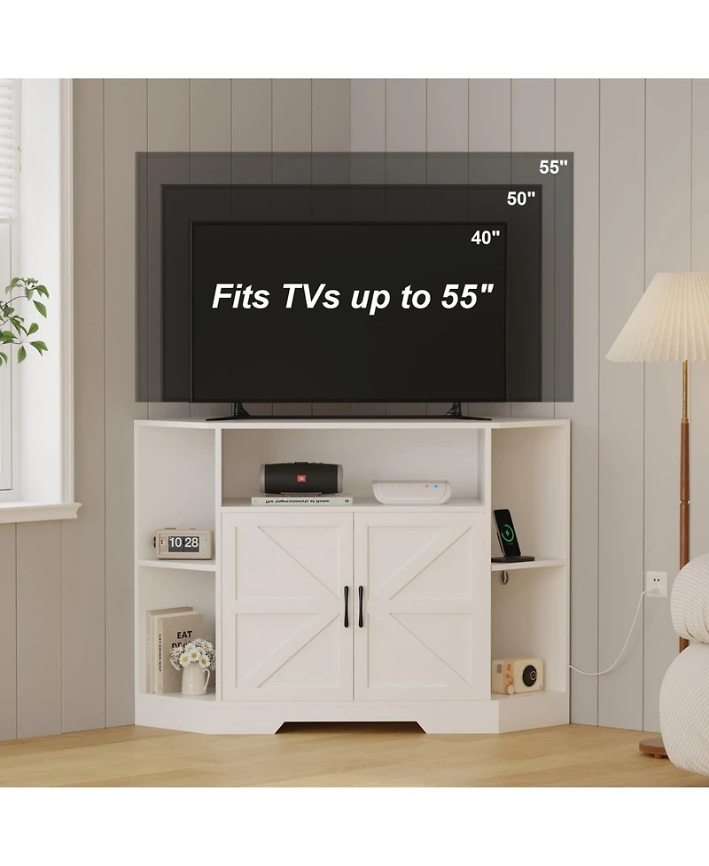 Corner Tv Stand for 55 Inch TVs with Outlet and Barn Doors, Farmhouse Entertainment Center with Adjustable Shelf, Cabinets for Living Room