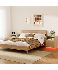 Set of 2 Wood Color Mid-Century Fluted Nightstands with Charging and Led, 2 Drawers, 20"W x 15.7"D x 24"H