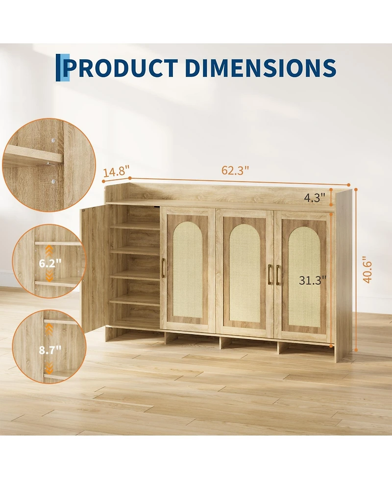 63 x 15 x 41 in 4 Door Arched Shoe Cabinet with Faux Rattan Panels, Engineered Wood Entryway Storage for Hallway Bedroom, Black/Brown