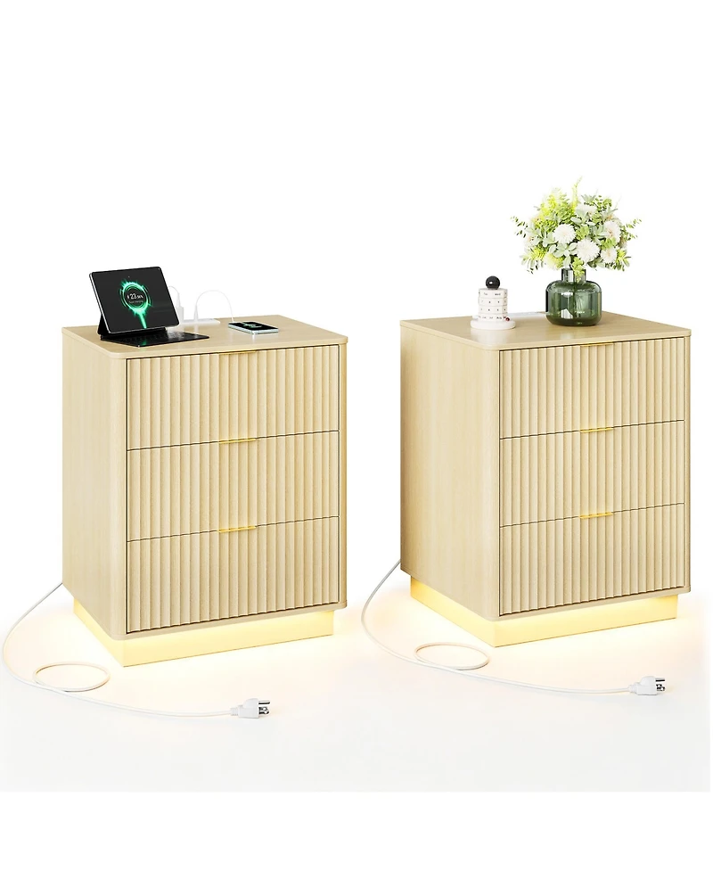 Set of 2 Light Oak Fluted Nightstands with Charging Station and Led Light, 3 Drawers