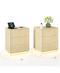 Set of 2 Light Oak Fluted Nightstands with Charging Station and Led Light, 3 Drawers