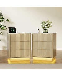 Set of 2 Light Oak Fluted Nightstands with Charging Station and Led Light, 3 Drawers