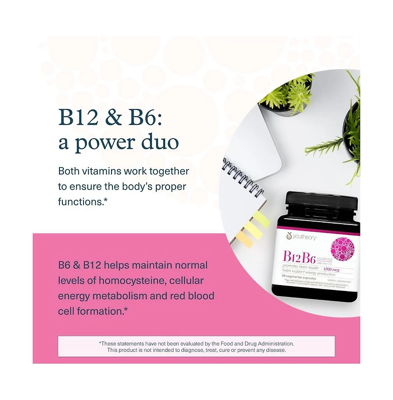 Youtheory Vitamin B12 B6, Daily Energy and Brain Support Supplement, Vegetarian Capsules, 60
