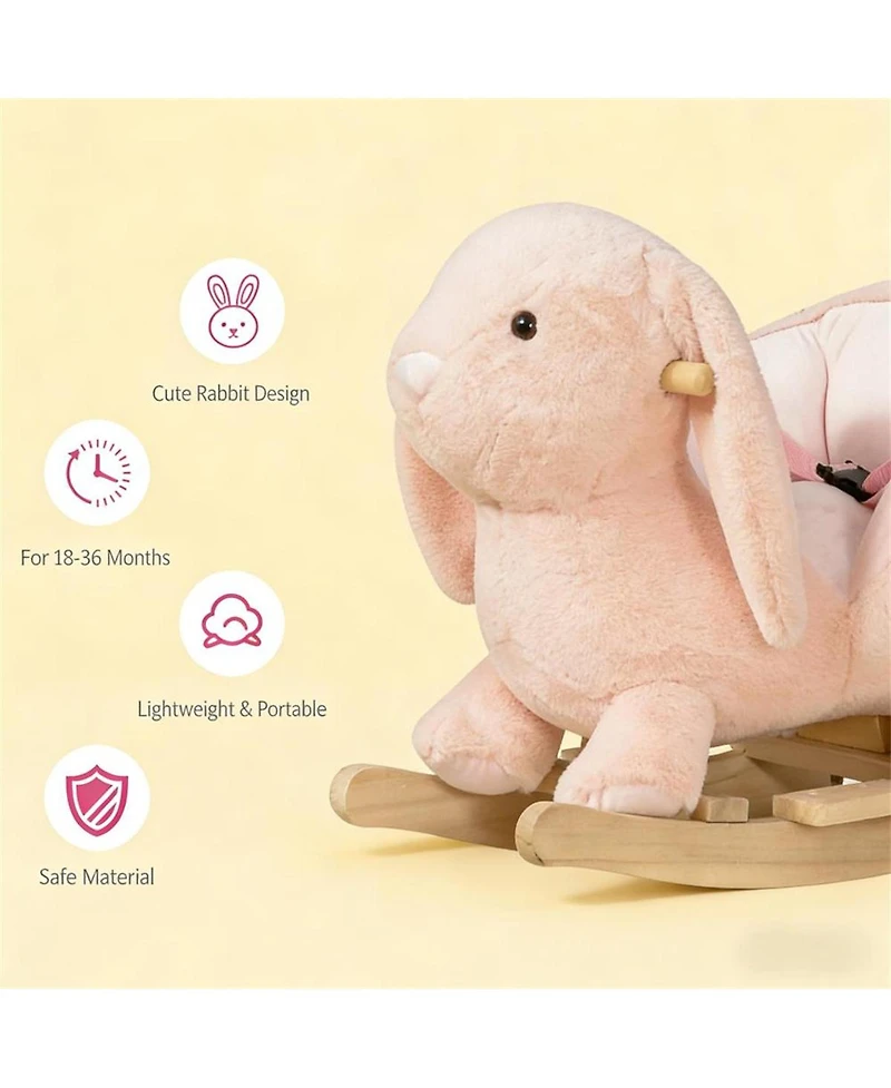 Yobtop Bunny Rocking Horse - Rabbit Wooden Plush Ride-on Toy with Sound Button, Seat Belt and Handlebars, Solid Steel Frame