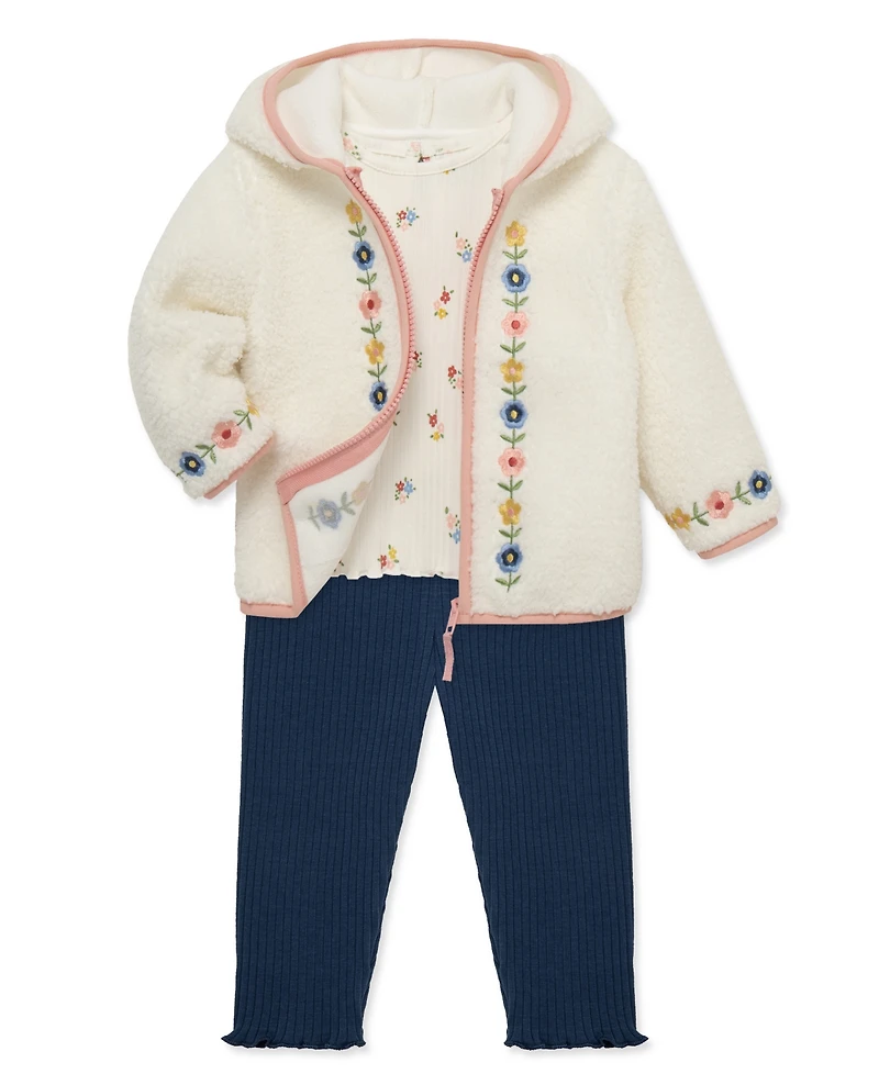 Little Me Baby Girls' Sherpa Jacket, Floral Print Top and Pants, 3-Piece Set