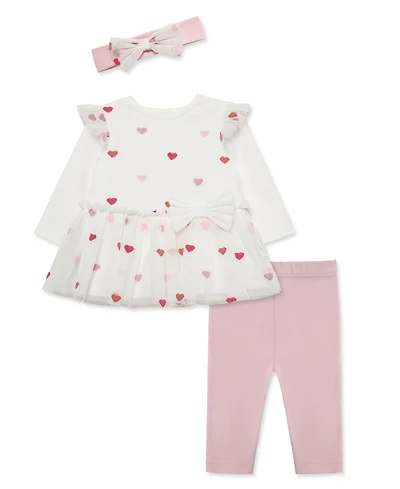 Little Me Baby Girls' Hearts Print Tutu Top, Leggings and Headband, 3-Piece Set