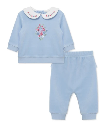 Little Me Baby Girls' Bouquet Embroidered Velour Top and Pants, 2-Piece Set