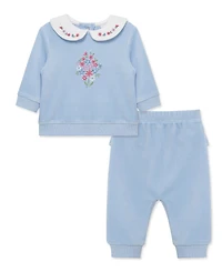 Little Me Baby Girls' Bouquet Embroidered Velour Top and Pants, 2-Piece Set