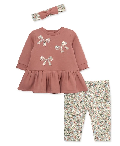 Little Me Baby Girls' Embroidered Bow Sweatshirt Dress, Floral Print Pants and Headband, 3-Piece Set