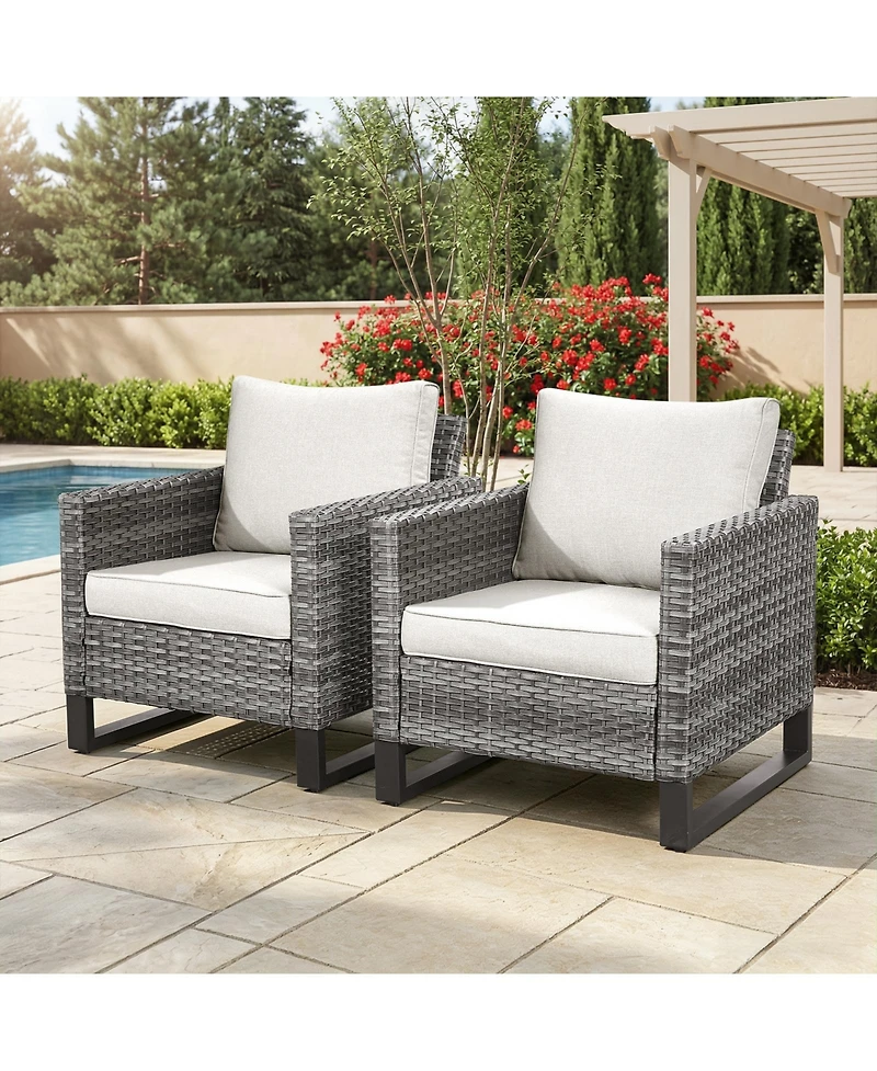 Pocassy Outdoor Chairs Set of 2, Patio Wicker Dining with Removeable Cushion, All-Weather Rattan Bistro