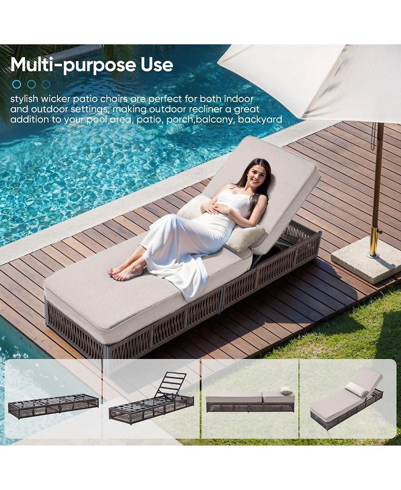 Pocassy Outdoor Reclining Chaise Lounge with 5inc Thick Cushion, All-Weather Wicker Patio Chair Pillow