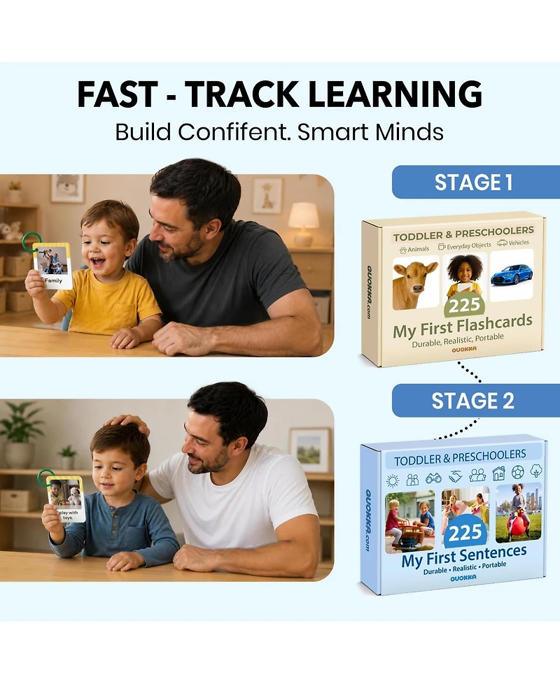 Quokka 225 Toddler First Sentence Flash Cards with Rings - Realistic Learning Cards for Ages 1 - 3 - Family, Daily Routine and Everyday Phrases