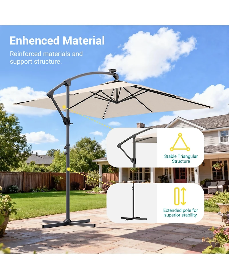 Sonkuki 8.2FT Outdoor Patio Hanging Offset Cantilever Umbrella with Solar Led Lights Cross Base