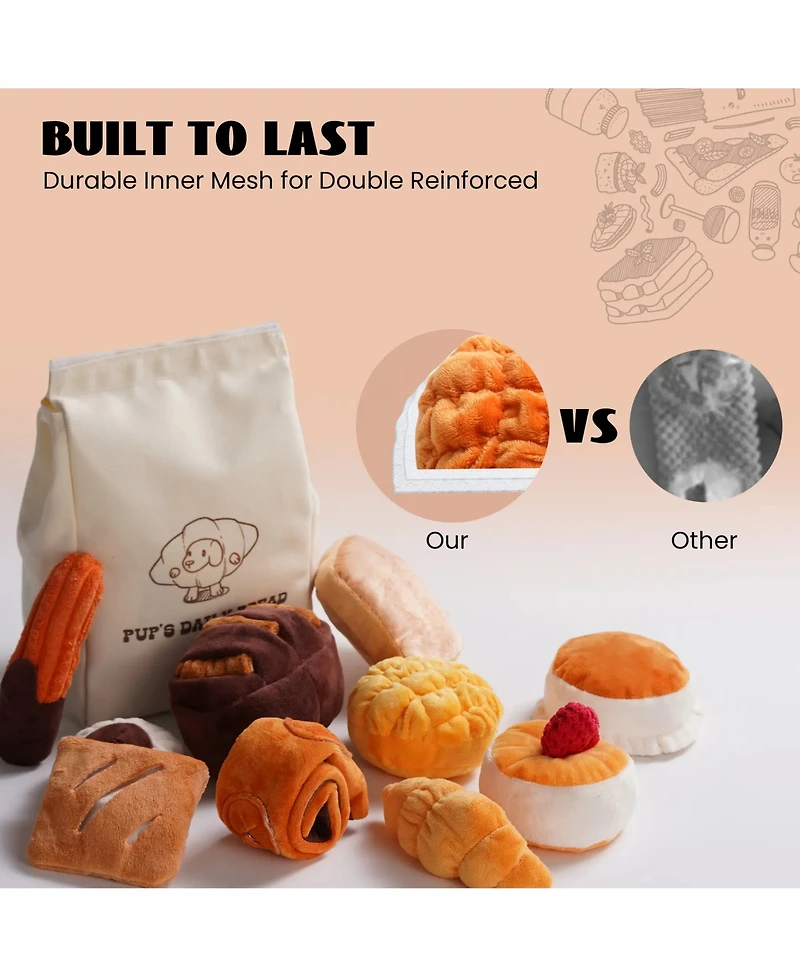 Nocciola 10 Pack Bread Dog Toy Set with Grocery Bag, Cute Crinkle Squeaky Plush Toys, Hide and Seek Enrichment Toy for Small to Medium Dogs