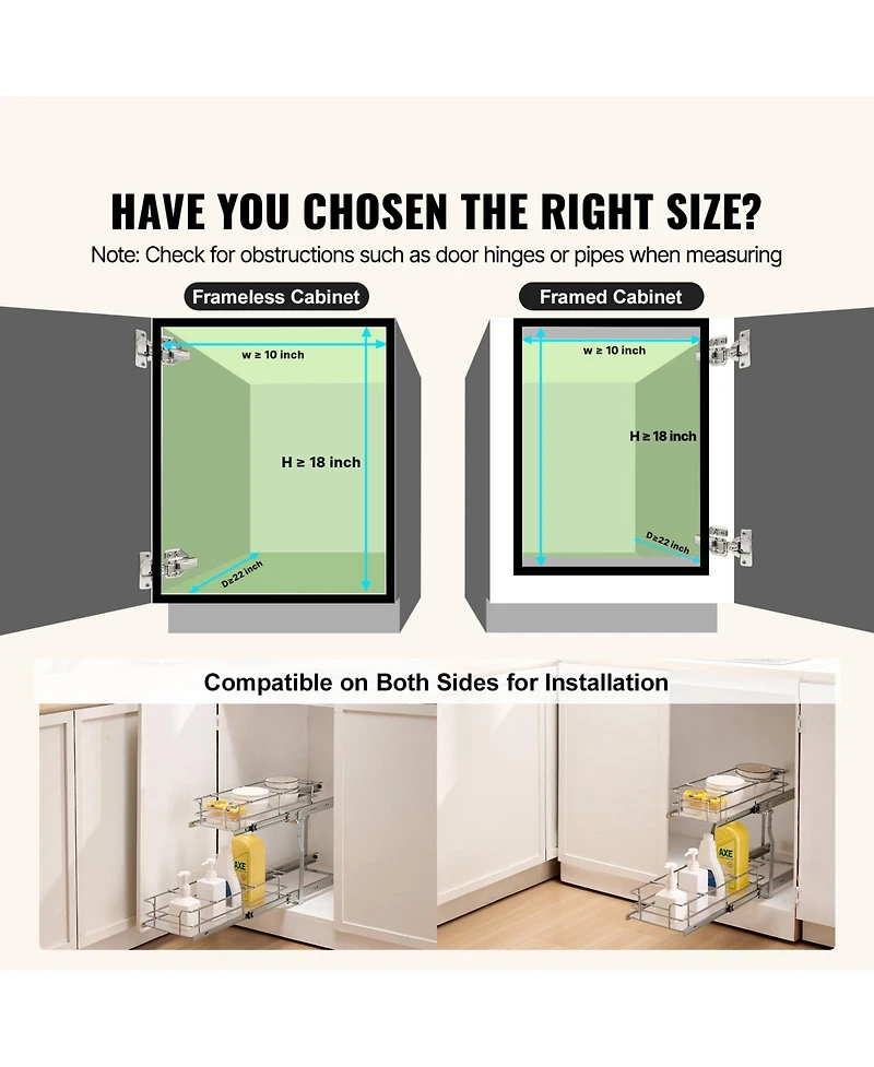 Sugift 8.5in Wx21in Dx15in H Pull Out Cabinet Organizer Steel Slide Out Drawer 10in Wx22in Dx18in