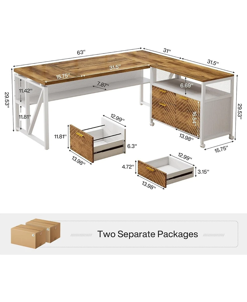 Tribesigns 63" L-Shaped Desk with Mobile File Cabinet