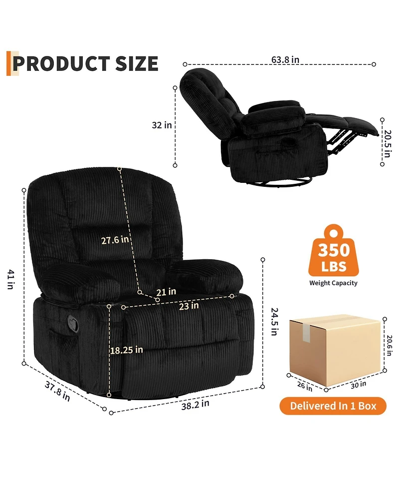 gaomon Oversized Corduroy recliner Chair with Massage and Heat,360degree(s) Swivel Rocker