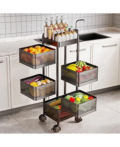 gaomon 5-Tier Thickened Carbon Steel Rotating Kitchen Storage Cart with Wheels, Mobile Utility Rack with Top Lid, Fruit Vegetable Basket, No Assembly