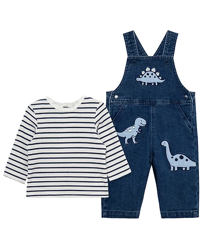 Little Me Baby Boys' Crewneck T-Shirt and Dino Overall, 2-Piece Set