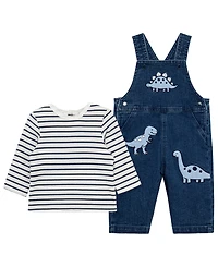 Little Me Baby Boys' Crewneck T-Shirt and Dino Overall, 2-Piece Set