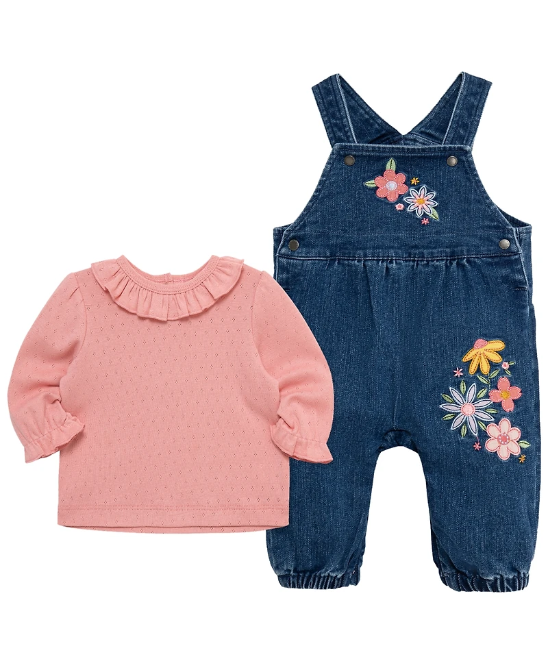 Little Me Baby Girls' Round Neck Top and Flowers Overall, 2-Piece Set