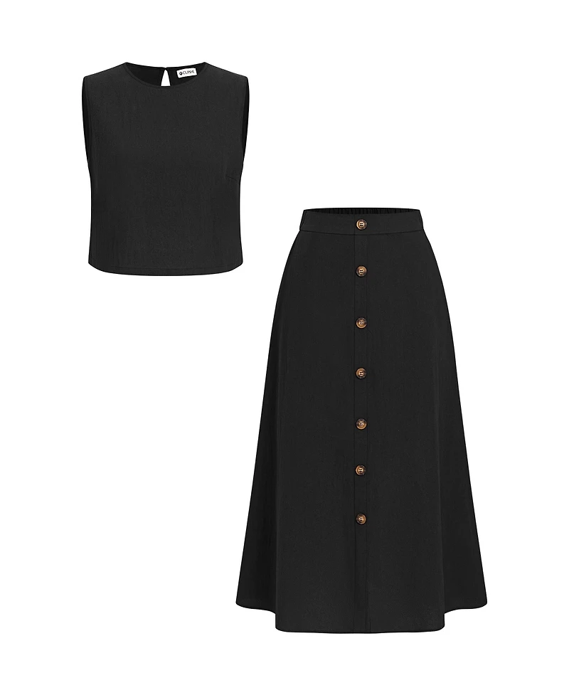 Cupshe Women's Crew Neck Button Skirt Set